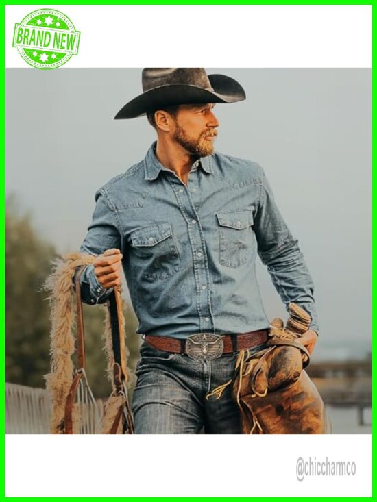 Western Cowboy Ratchet Belt - Leather Embossed Belt with Buckle